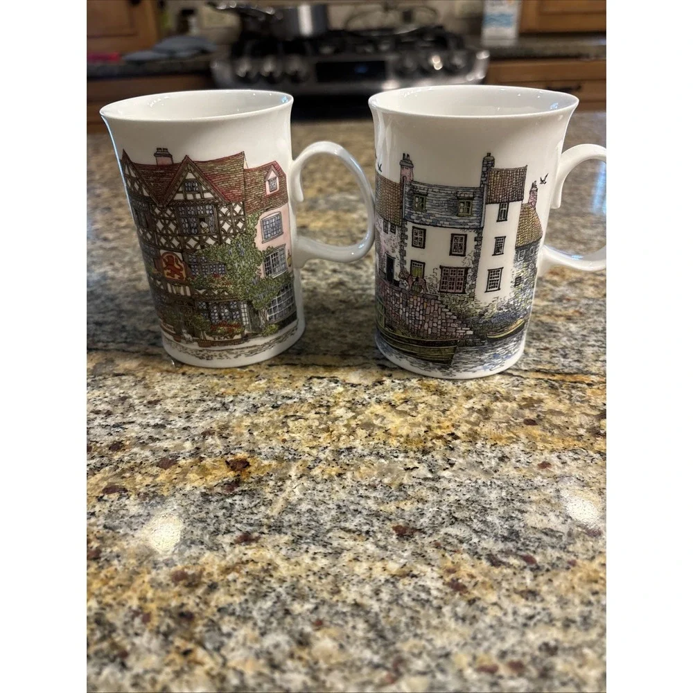 2 Dunoon Mugs English Cottages Sue Scullard Tea Cup Made England Fine Bone China